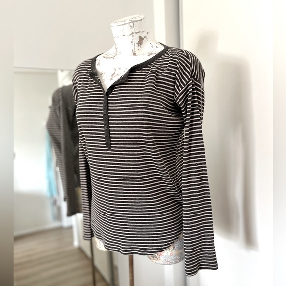 Long Sleeve Striped Henley Drop Shoulder - Picture 1 of 6
